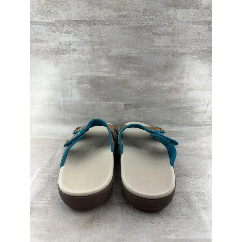 Spenco Kholo Women Sz 10B Orthotic Slide Sandals Tan Blue Floral Cork Adjustable